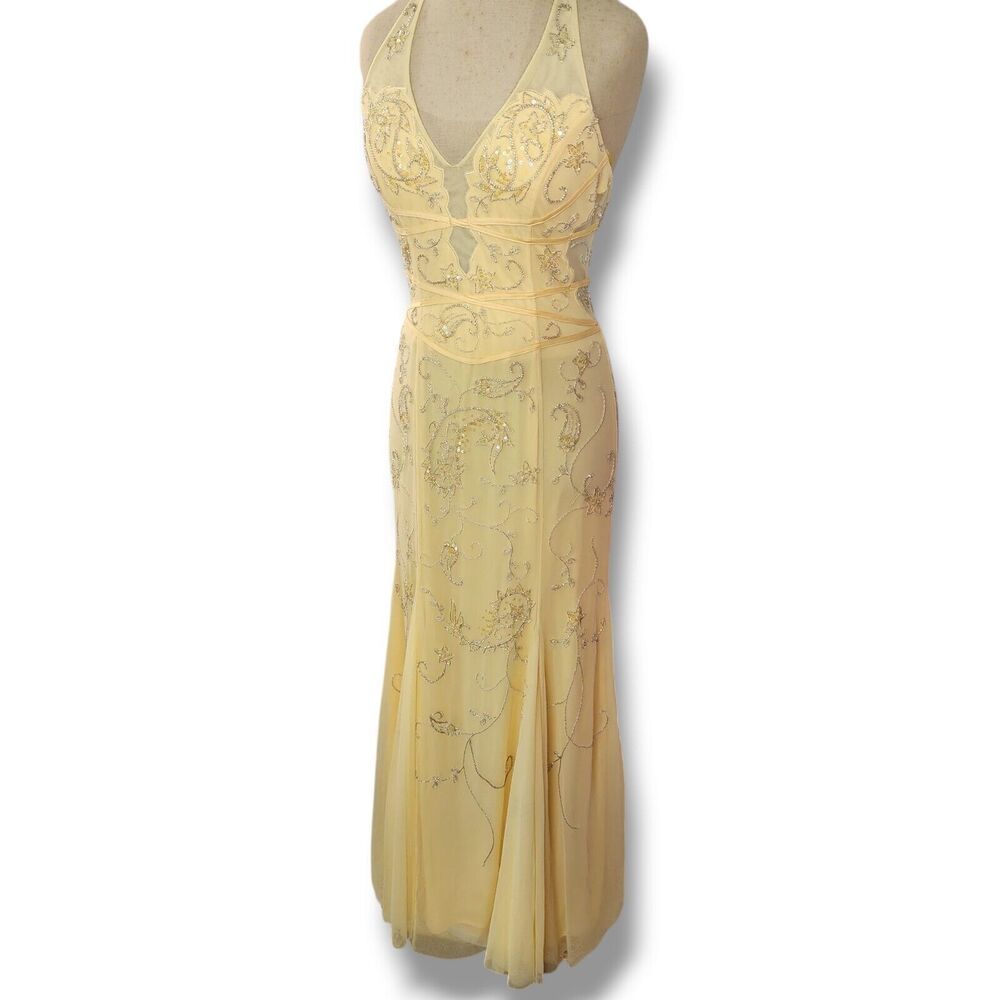 CACHE Vintage Formal Full Length Gown Allov Beaded Halter Tulle Pastel Yellow L